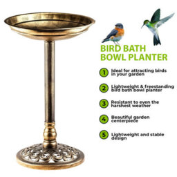 Crystals Bird Bath Traditonal Garden Outdoor Water Bowl Ornamental Feeder Table Stand, Bronze - thumbnail 3