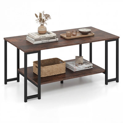 Costway 2-Tier Coffee Table Modern Rectangular Accent Table With Open Storage Shelf-Rustic Brown - image 1