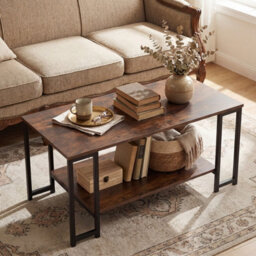 Costway 2-Tier Coffee Table Modern Rectangular Accent Table With Open Storage Shelf-Rustic Brown - thumbnail 3