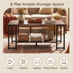 Costway 2-Tier Coffee Table Modern Rectangular Accent Table With Open Storage Shelf-Rustic Brown - thumbnail 4