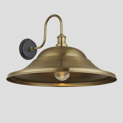 Industville Swan Neck Outdoor & Bathroom Giant Hat Wall Light, 21 Inch, Brass, Brass Holder