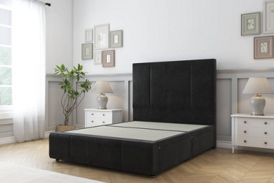 "Sloomy Lisbon Black Plush Divan Bed 2 Drawers Right Side-54"" Floor Standing Headboard 12"" Footboard 4' Small Double" - image 1