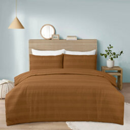 MHG Textiles Waffle Stripe Duvet Cover Set - Soft 200Tc Polycotton Blend, Hotel Quality Bedding - (Single, Tan) - thumbnail 1