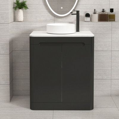 Royal Bathrooms Venice 700mm Matt Nocturne Black Freestanding Vanity Unit 2 Door Carrara White Undrilled Worktop & Without Basin - image 1