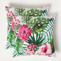 Homescapes Luxury Outdoor Cushions 2 Set, Waterproof Filled Cushion, Soft-Touch, Pink Summer Flower, For Garden, Indoors, 45X45 Cm