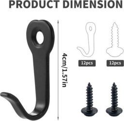 12 Pack Black Coat Hooks, Screw, In Wall Hooks, Vintage Metal, For Bathroom, Bedroom, Acoustic Panels - thumbnail 2