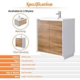 Plum&clay Declan White & Oak Floor Standing Vanity Unit With White Basin Set (W)750mm (H)850mm - thumbnail 4