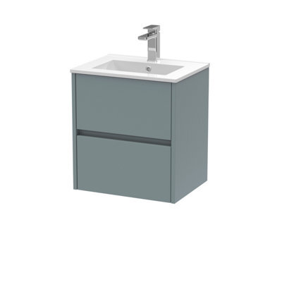 Nuie Havana Wall Hung 2 Drawer Vanity Basin Unit &  Minimalist Ceramic Basin, Modern Sink Vanity Unit In Coastal Grey With White - image 1