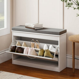 Levede White Plastic Hallway Shoe Storage Cabinet 75Cm Bench Organiser Unit - thumbnail 1