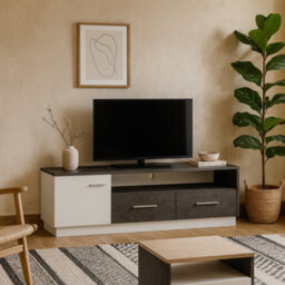 Wyld Haus Nantes Wide Tv Cabinet In Grey And White With 2 Drawers 1 Door And Open Shelf
