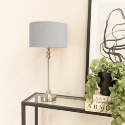 Valuelights Maggie Brushed Chrome Candlestick Slim Table Lamp With Grey Velvet Drum Lamp Shade And Led Bulb - thumbnail 4