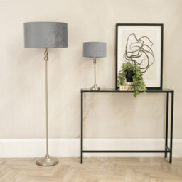 Valuelights Maggie Brushed Chrome Candlestick Slim Table Lamp With Grey Velvet Drum Lamp Shade And Led Bulb - thumbnail 3