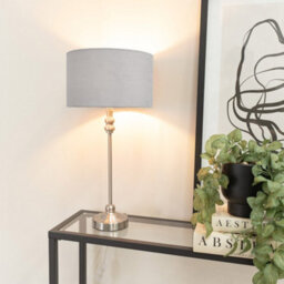 Valuelights Maggie Brushed Chrome Candlestick Slim Table Lamp With Grey Velvet Drum Lamp Shade And Led Bulb