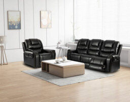 Black Faux Leather  3 + 1 Seater Manual Recliner Sofa And Armchair Set Ravenna - thumbnail 1