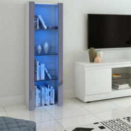 White Matt Body & Grey High Gloss Fronts Tall Cabinet Bookcase Display Shelf Unit - thumbnail 4