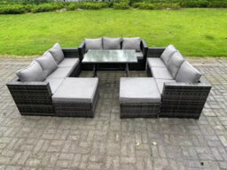 Fimous 11 Seater Wicker Pe Rattan Outdoor Furniture Lounge Sofa Garden Dining Set With Dining Table Footstools - thumbnail 1