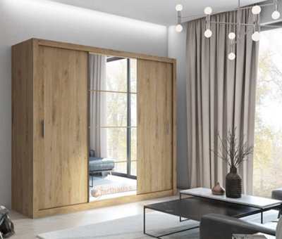 Arte Idea 01 Contemporary Mirrored Sliding 3 Door Wardrobe 6 Shelves 2 Rails Oak Shetland Effect (H)2150mm (W)2500mm (D)600mm - image 1