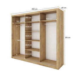 Arte Idea 01 Contemporary Mirrored Sliding 3 Door Wardrobe 6 Shelves 2 Rails Oak Shetland Effect (H)2150mm (W)2500mm (D)600mm - thumbnail 3