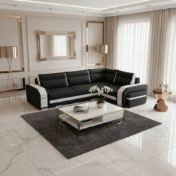 Assan Corner Sofa Bed With Ottoman Wooden Frame Wave Spring Foam Loose Pillows Black And White Right Side - thumbnail 1