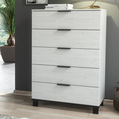Furneo Modern White 5 Drawer Chest Of Drawers Cabinet Storage Pine Effect Cozy 05 - image 1