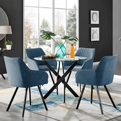Furniturebox Uk Novara Black Leg Round Glass Dining Table & 4 Blue Falun Black Leg Chairs - image 1