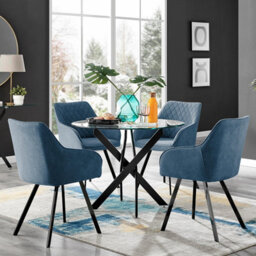 Furniturebox Uk Novara Black Leg Round Glass Dining Table & 4 Blue Falun Black Leg Chairs - thumbnail 1