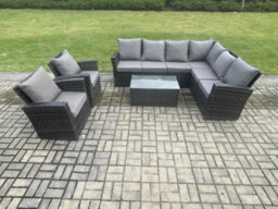 Fimous 8 Seater High Back Outdoor Garden Furniture Set Rattan Corner Sofa Set With Rectangular Coffee Table - thumbnail 1