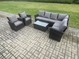 Fimous 8 Seater High Back Outdoor Garden Furniture Set Rattan Corner Sofa Set With Rectangular Coffee Table - thumbnail 2