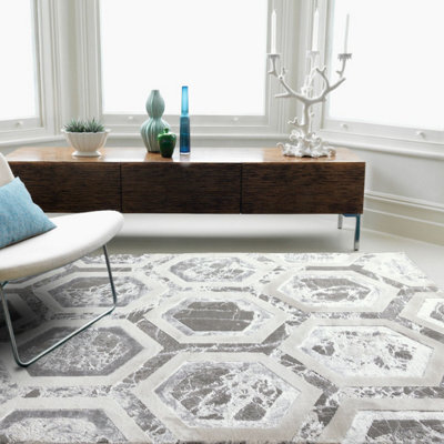 Grey Modern Easy To Clean Abstract Geometric Rug For Dining Room Grdroom Livingroom-120Cm X 170Cm - image 1