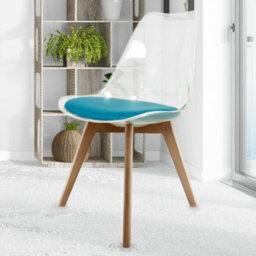Fusion Living Soho Clear And Teal Plastic Dining Chair With Squared Light Wood Legs - thumbnail 2
