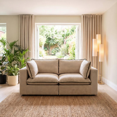 Furniturebox Uk Echo Cream & Green Trim Linen-Look Fabric 2 Seater Modular Sofa - image 1