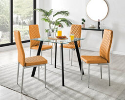Furniturebox Seattle Scandi Inspired Glass & Black Metal Leg Square Dining Table & 4 Mustard Milan Faux Leather Silver Leg Chairs