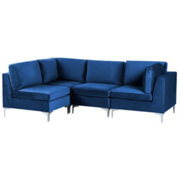 Beliani Modular Corner Sofa 4 Seater Evja Velvet Navy Blue Right Hand - thumbnail 4
