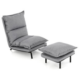 Costway Armless Accent Chair W/ Ottoman Faux Linen Fabric Leisure Chair Adjustable Back - thumbnail 1