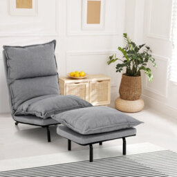 Costway Armless Accent Chair W/ Ottoman Faux Linen Fabric Leisure Chair Adjustable Back - thumbnail 8