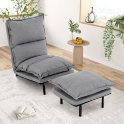 Costway Armless Accent Chair W/ Ottoman Faux Linen Fabric Leisure Chair Adjustable Back - thumbnail 9