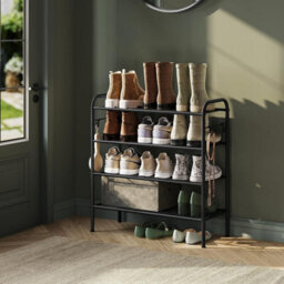 4-Tier Shoe Organizer, Metal Shoe Shelf With Hooks, Adjustable Shoe Rack For Hallway, Closet Or Entryway, Ink Black