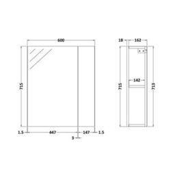 FNX Bathrooms Elysia 600mm 2 Door Gloss Grey Wall Hung Mirror Cabinet Contemporary 713mm - thumbnail 4