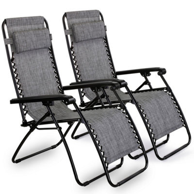 Vonhaus Zero Gravity Chairs Set Of 2, Grey Reclining Sun Loungers For Garden, Textilene Folding Garden Chairs, Removable Headrest - image 1
