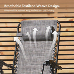 Vonhaus Zero Gravity Chairs Set Of 2, Grey Reclining Sun Loungers For Garden, Textilene Folding Garden Chairs, Removable Headrest - thumbnail 6