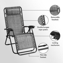 Vonhaus Zero Gravity Chairs Set Of 2, Grey Reclining Sun Loungers For Garden, Textilene Folding Garden Chairs, Removable Headrest - thumbnail 7