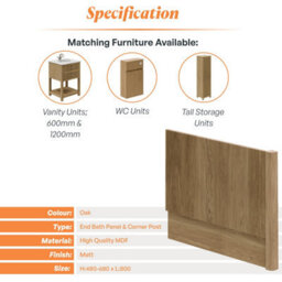 Plum&clay Harper Ribbed Oak Effect End Bath Panel 800mm Adjustable 480-660mm (Includes Corner Post) - thumbnail 4