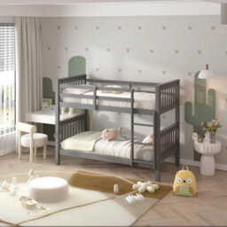 Interior Emporium Lily Wooden Bunk Bed With Single Mattress - Solid Pine Space-Saving Frame - Kids Bedroom Furniture - Grey - thumbnail 1