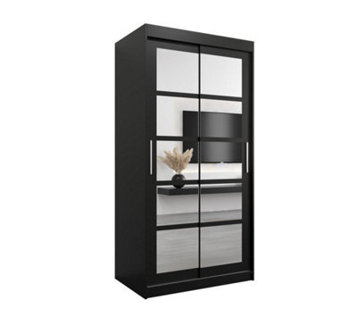 Arte Roma Ii Black Modern Sliding Door Wardrobe H2000mm W1000mm D620mm With Mirrored Panels - image 1