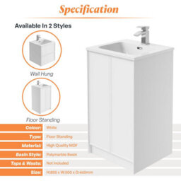 Plum&clay Jenner White Freestanding Vanity Unit & Basin Set (W)500mm (H)855mm - thumbnail 4