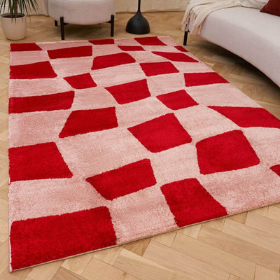 The Rugs Joli Red And Pink Chequered Rug Soft Dense Pile Easy To Clean And Pet Friendly For Living Rooms And Bedrooms - image 1