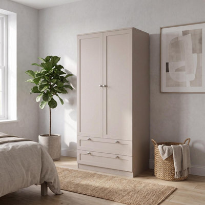 Fwstyle Artus Beige Panelled Wardrobe 2 Door 2 Drawer Deep Storage Scratch Resistant (H) 180Cm (W) 80Cm (D) 50Cm - image 1