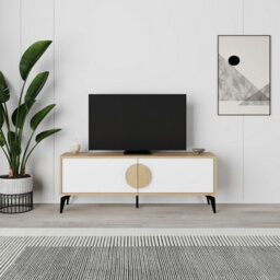 Decortie Gora Modern Tv Unit Oak, White 140(W)Cm With 2 Door Flap Stay Storage Tv Cabinet Entertainment Metal Legs - thumbnail 5