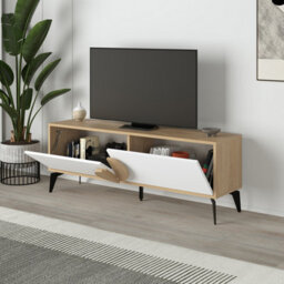 Decortie Gora Modern Tv Unit Oak, White 140(W)Cm With 2 Door Flap Stay Storage Tv Cabinet Entertainment Metal Legs - thumbnail 4