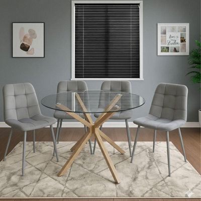 Kosy Koala Round Glass Dining Table Set With 4 Grey Velvet Chairs Dining Room Furniture - image 1